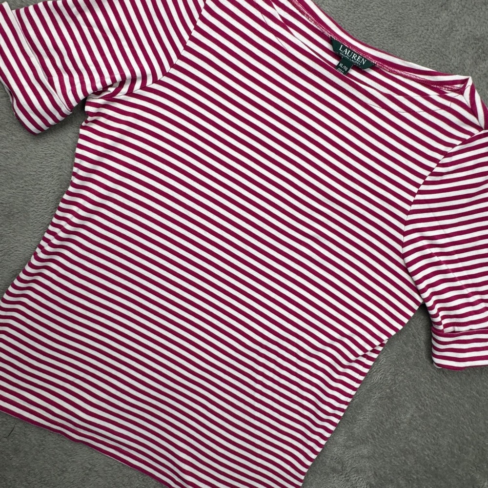 Lauren Ralph Lauren Striped Top Women XL Pink Excellent Boat Neck Short Sleeve